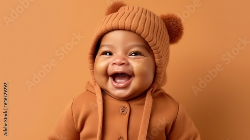 A happy, smiling newborn in neutral clothing against a beige backdrop. Generative AI