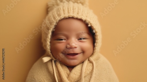 Joyful newborn baby smiling at the camera in neutral clothing against beige studio lighting. Generative AI