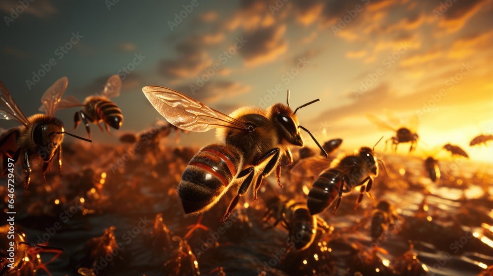 A swarm of bees flying around in the air at sunset - obrazy, fototapety, plakaty 