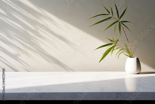 Modern minimal empty white marble stone counter table top, bamboo palm tree in sunlight, leaf shadow on wall background © Boraryn