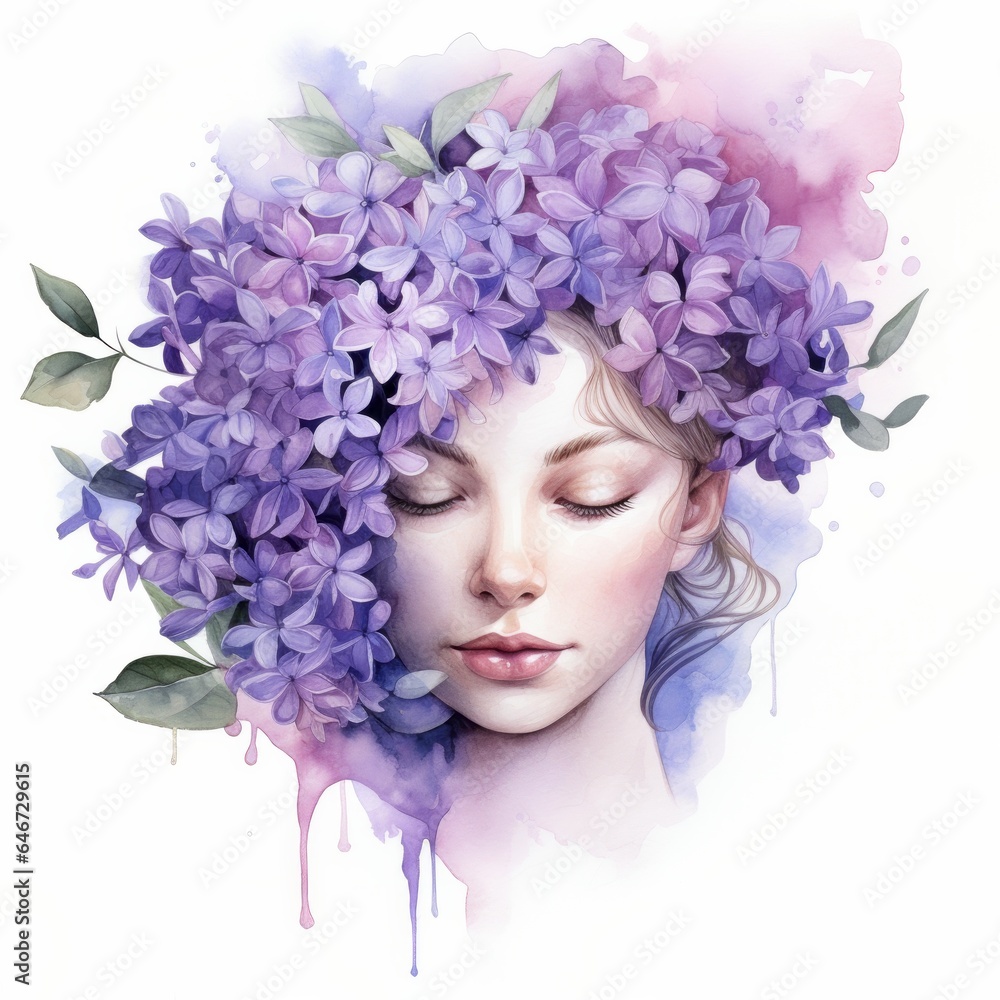 Purple watercolour portrait of beautiful woman with lilac flower in her hair on white background. Floral blossom concept