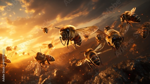 A swarm of bees flying around in the air at sunset © MBRAMO