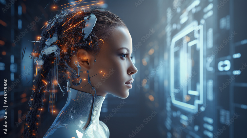 Praca w cyberprzestrzeni, interfejs komputerowy przyszłości, AI, ilustracja koncepcyjna - Working in cyberspace, computer interface of the future, AI, conceptual illustration - AI Generated