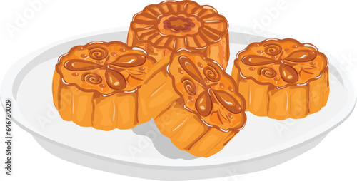 Mooncake vector illustration set. Traditional Chinese mooncake in whole full size, half sliced, pieces, quarter. Mooncake for mid autumn festival. Bakery. Asian food. Moon cake clip art.