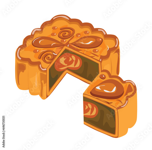 Mooncake vector illustration set. Traditional Chinese mooncake in whole full size, half sliced, pieces, quarter. Mooncake for mid autumn festival. Bakery. Asian food. Moon cake clip art.