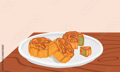 Mooncake vector illustration set. Traditional Chinese mooncake in whole full size, half sliced, pieces, quarter. Mooncake for mid autumn festival. Bakery. Asian food. Moon cake clip art.