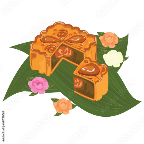 Mooncake vector illustration set. Traditional Chinese mooncake in whole full size, half sliced, pieces, quarter. Mooncake for mid autumn festival. Bakery. Asian food. Moon cake clip art.