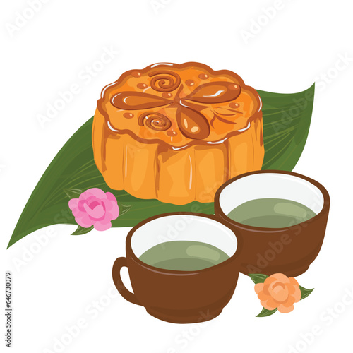 Mooncake and tea vector illustration set. Traditional Chinese mooncake in whole full size, half sliced, pieces, quarter. Mooncake for mid autumn festival. Bakery. Asian food. Moon cake clip art.