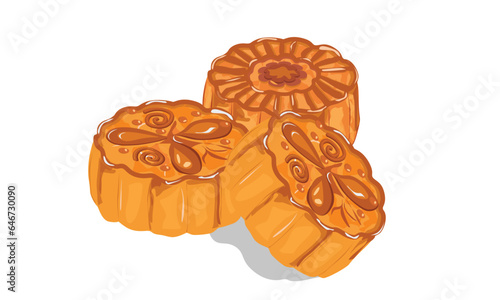 Mooncake vector illustration set. Traditional Chinese mooncake in whole full size, half sliced, pieces, quarter. Mooncake for mid autumn festival. Bakery. Asian food. Moon cake clip art.
