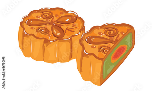 Mooncake vector illustration set. Traditional Chinese mooncake in whole full size, half sliced, pieces, quarter. Mooncake for mid autumn festival. Bakery. Asian food. Moon cake clip art.