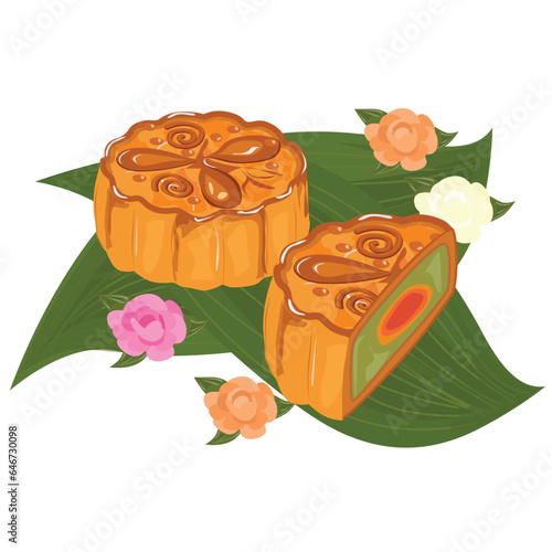 Mooncake vector illustration set. Traditional Chinese mooncake in whole full size, half sliced, pieces, quarter. Mooncake for mid autumn festival. Bakery. Asian food. Moon cake clip art.