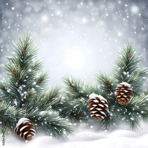 christmas background with fir tree branches and cones