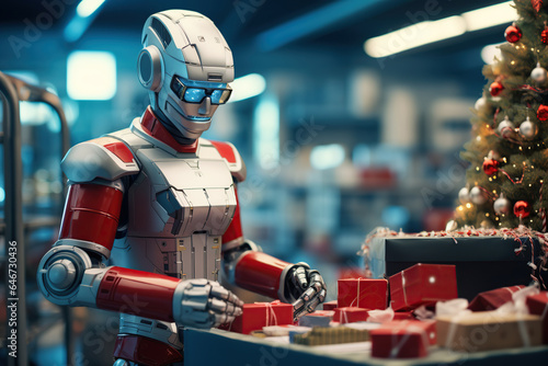 Wallpaper Mural Android robot assistant make christmas modern toy   in factory, present box,  smart technology, AI Generative Torontodigital.ca