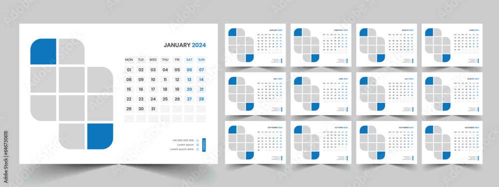 Calendar 2024 planner corporate template design set. Week starts on Monday. template for annual calendar 2024 Calendar 2024 planner corporate template design set. Week starts on Monday. template for annual calendar 2024