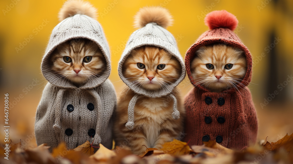 Obraz premium a group of cute kittens in an autumn park, dressed in small clothes, joke calendar greeting, autumn look