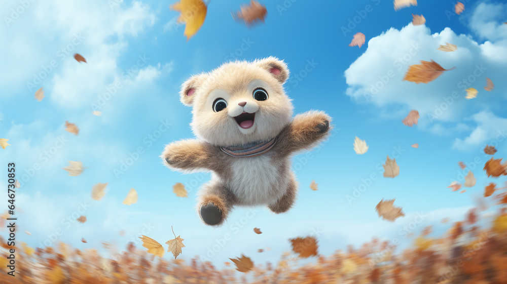 plush bear toy in the blue sky with fallen yellow leaves, seasonal calendar change october, generated abstract children's toy plush bear toy in the blue sky with fallen yellow leaves, seasonal calendar change october, generated abstract children's toy
