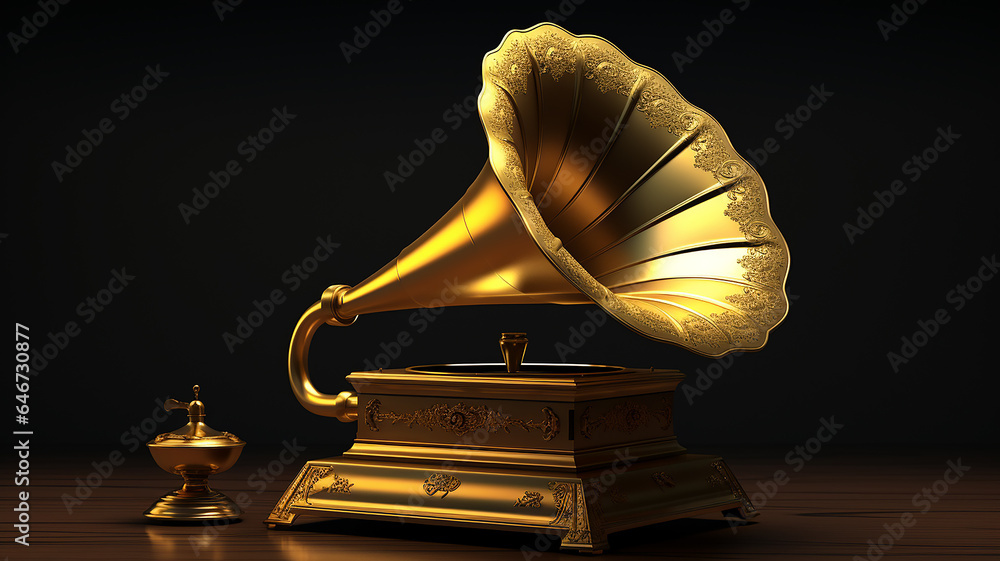 golden vintage gramophone, music antique retro loud sound