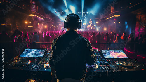silhouette of a DJ at the remote control, a view from the back against the background of a nightclub with a crowd of dancing people, a night disco music festival