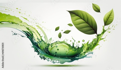 Green herbal tea wave splash with leaves flow. 