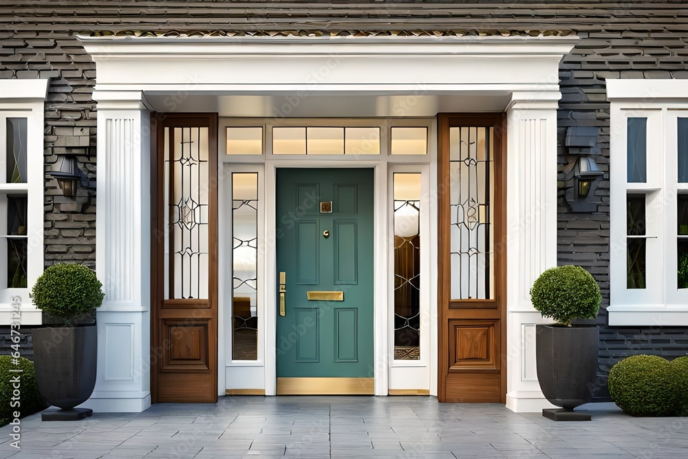Main entrance door in house. Wooden front door wit Main entrance door in house. Wooden front door wit