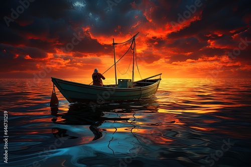 Fisherman on a Boat: A fisherman casts a net from a colorful boat, hoping for a bountiful catch on a calm sea.Generated with AI