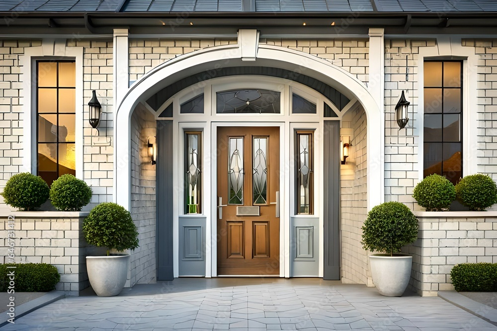 Main entrance door in house. Wooden front door wit Main entrance door in house. Wooden front door wit