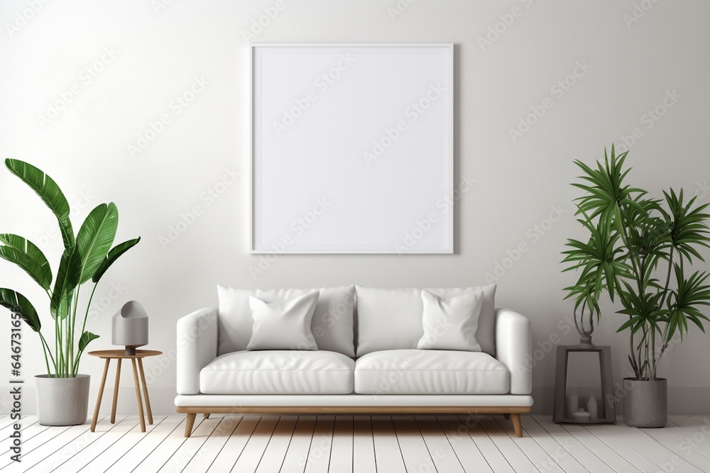 Naklejka premium Modern Aesthetic Interior Design with Small Blank Poster Created with Generative AI