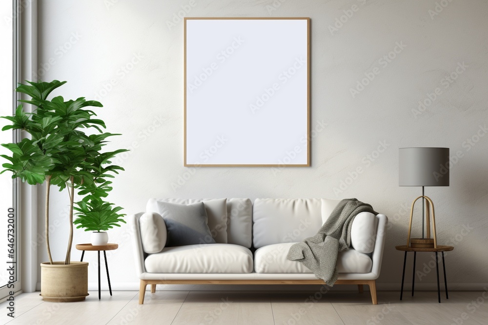 Modern Aesthetic Interior Design with Small Blank Poster Created with Generative AI Modern Aesthetic Interior Design with Small Blank Poster Created with Generative AI
