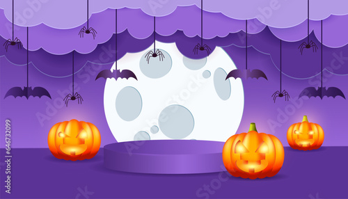 Happy Halloween banner or party invitation background with clouds,bats and spiders in paper cut style. 3d podium for halloween on a purple background. Vector illustration.