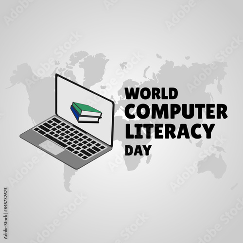 World Computer Literacy Day, vector laptop with books inside. December 2