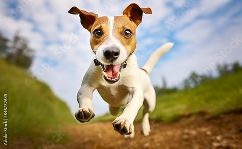 Jack Russel Parson Dog Run Toward The Camera Low Angle High Speed Shot. 