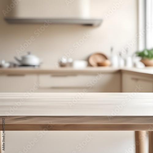 Empty kitchen table and blurred kitchen background © karandaev