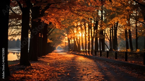 Autumn forest road. Orange color trees  red brown maple leaves  View at sunset
