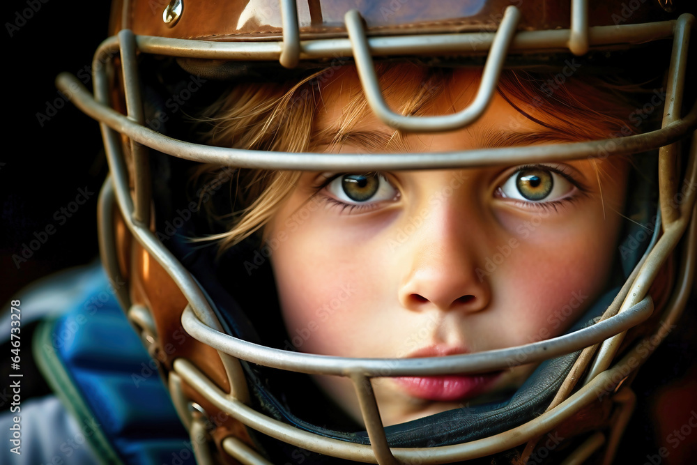 Photo of a child wearing a protective baseball helmet up close Photo of a child wearing a protective baseball helmet up close