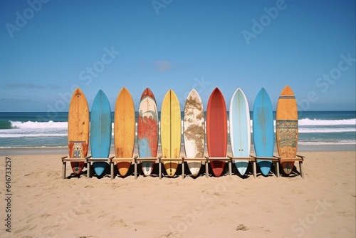 Stacked Surf Boards at Cerritos Beach in Todos Santos, Mexico. Perfect for a Summer Beach Vacation with Blue Skies and Ocean Waves