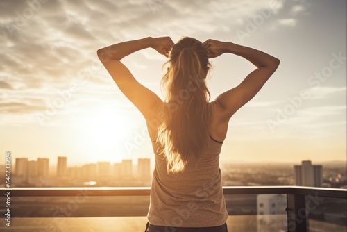 Motivated Woman Celebrating Fitness Success in Morning Sunlight