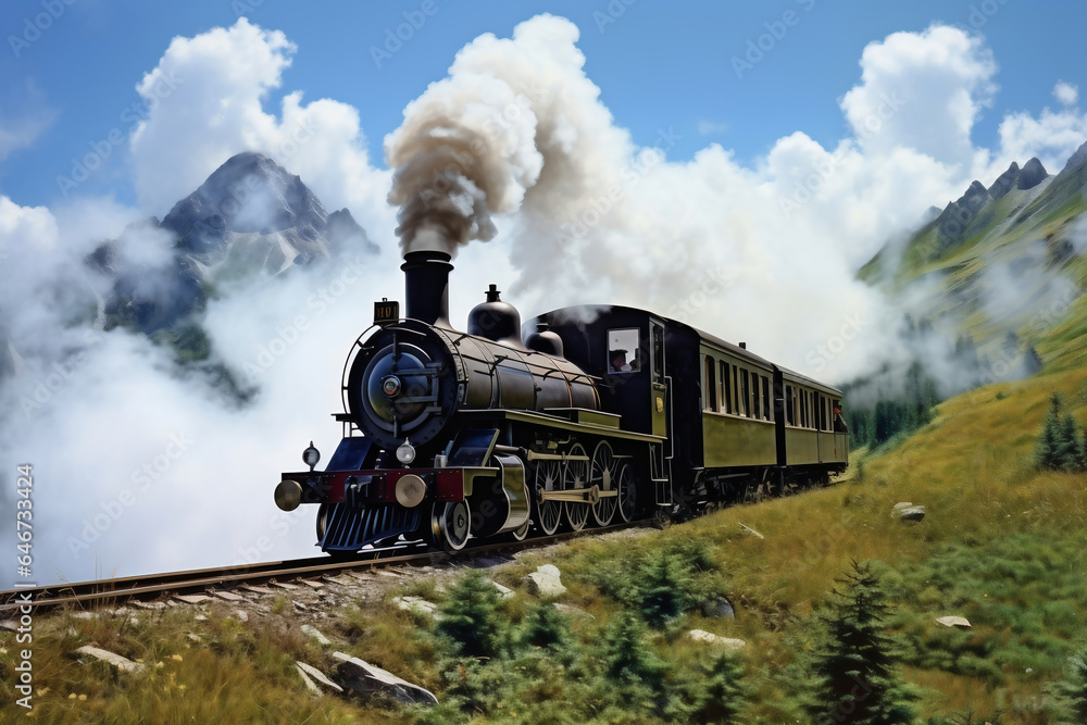Obraz premium A painting of a train on a train track. The locomotive moves among the mountains and beautiful nature along the rails. Smoke from the chimney of a retro train.