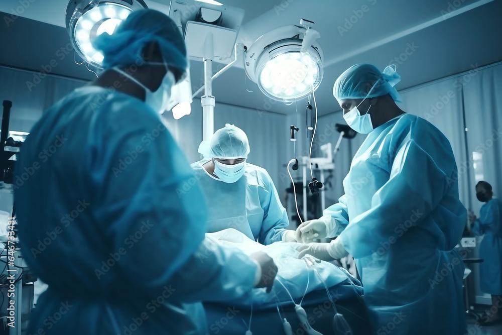 Photo of surgeons performing a complex surgery in a modern operating room. A group of surgeons performing surgery on a patient. Photo of surgeons performing a complex surgery in a modern operating room. A group of surgeons performing surgery on a patient.
