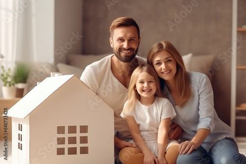 A young happy family dreams about buying a new house. Model of the future house. The joy of buying property. Mortgage. Rental of property. Affordable housing, real estate agency advertising concept.
