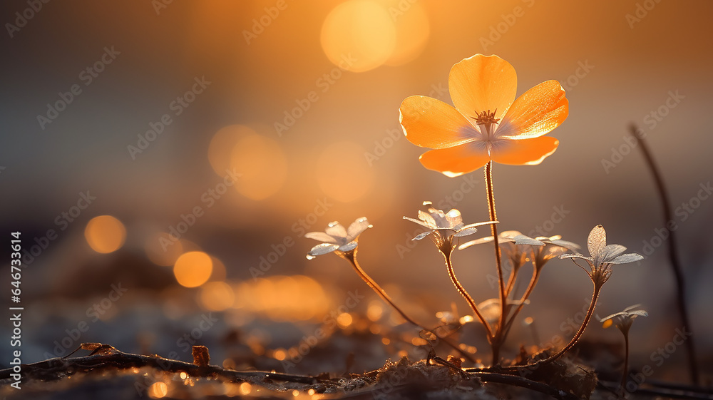 the marigold flower is lonely against the background of an autumn park in the fog of the morning landscape