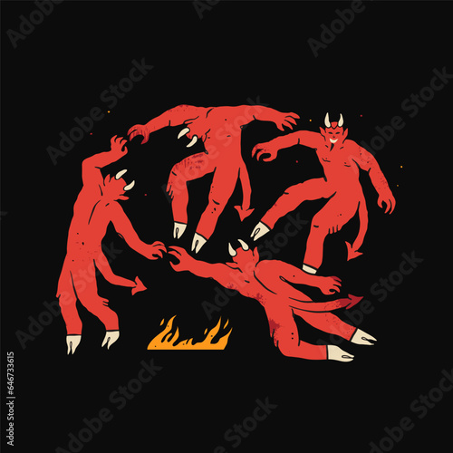 Dancing red devils walking around. Demon, devil or satan with horns and hoofs. Hand drawn Vector illustration. Print, logo, template, tattoo idea. Halloween, spooky, horror, mystery concept