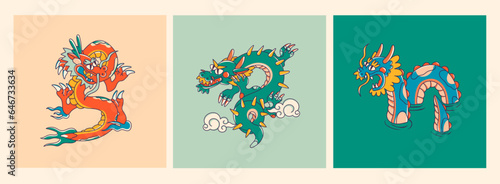 Hand drawn isolated abstract Dragons. Japanese or Chinese oriental style. Trendy colored Vector illustration. T-shirt print, logo, poster, card, design templates, tattoo idea. Symbol of 2024 new year