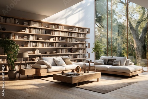 modern minimalist library with light natural materials