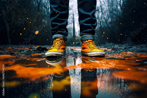 Man's feet and reflection in a puddle of water