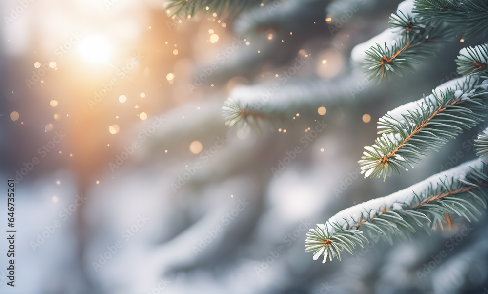 Winter fir tree branch with snow and sunlight bokeh