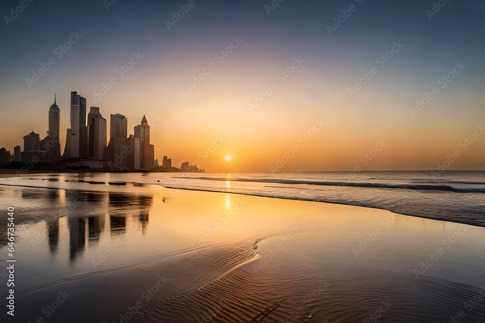 Sunrise over City Skyline Reflected on Beach Sunrise over City Skyline Reflected on Beach