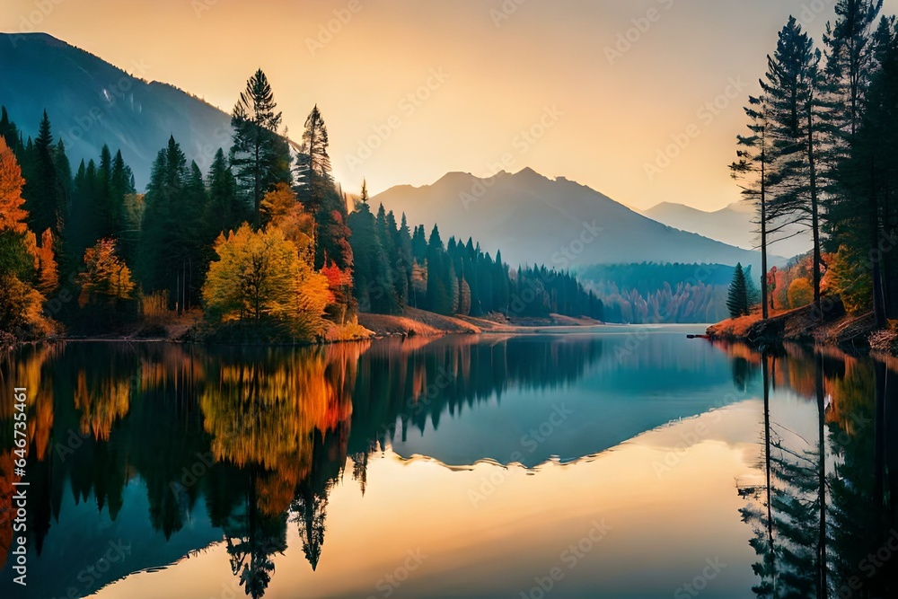 Autumn Lake Reflection at Sunset with Mountains Autumn Lake Reflection at Sunset with Mountains