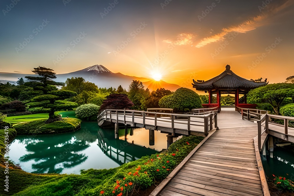 Obraz premium Japanese Garden Sunset with Mount Fuji View