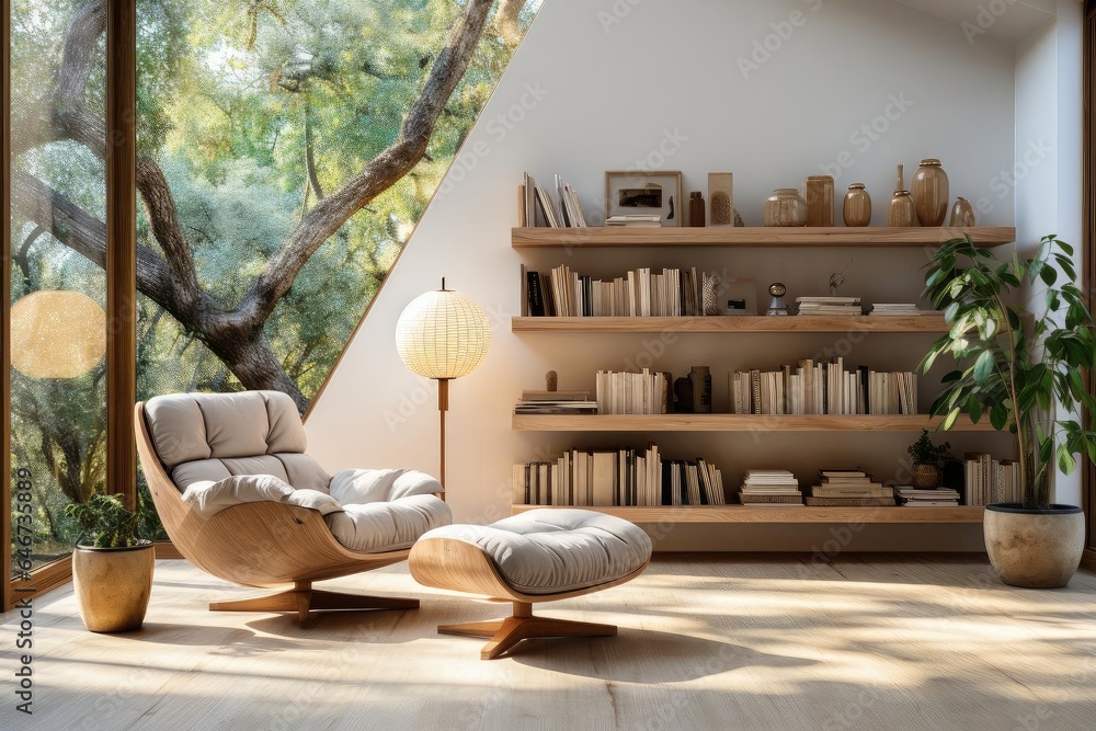 modern minimalist reading room with light natural materials - obrazy, fototapety, plakaty 