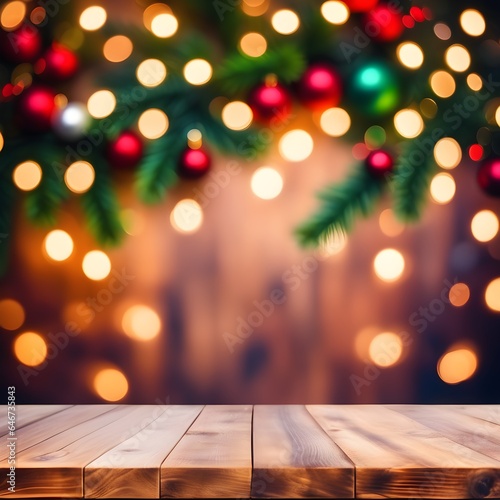 Empty wooden table  blurred Christmas background